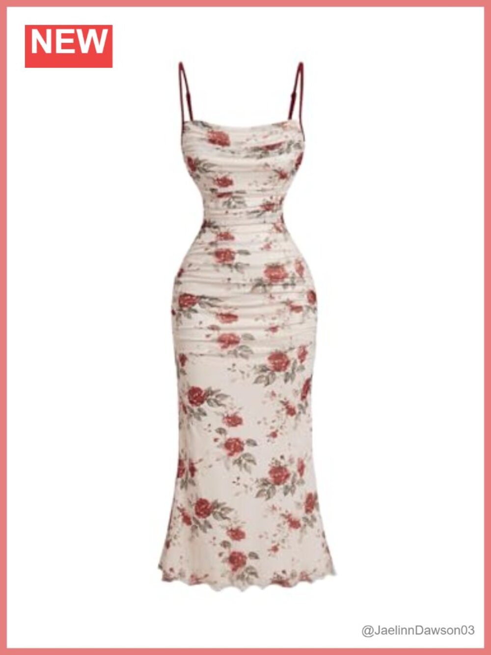 Women's Floral Mesh Ruched Bodycon Midi Dress Spaghetti Strap Party